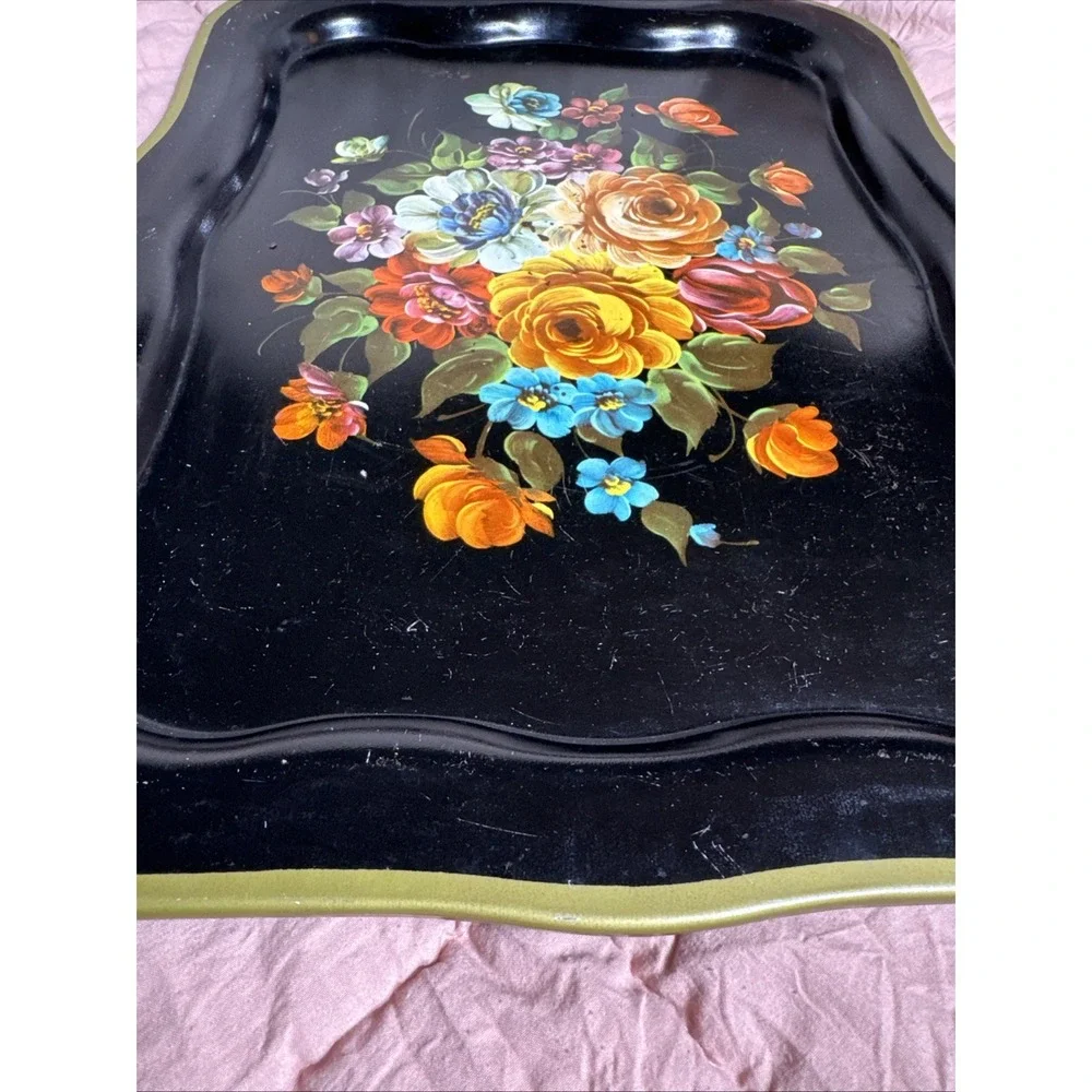 Vintage Black Metal Tray Colorful Roses Floral Table Sitter Or Mount To Wall